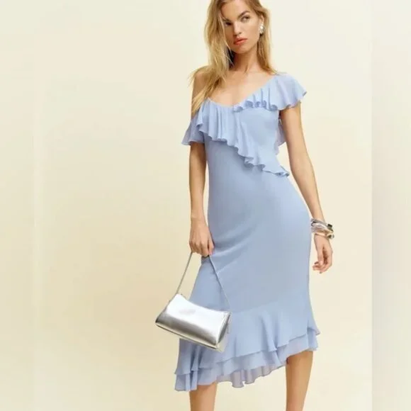 NEW Reformation Martine Midi Asymmetric Dress Ice Water Light Blue | size XS - Picture 4 of 13